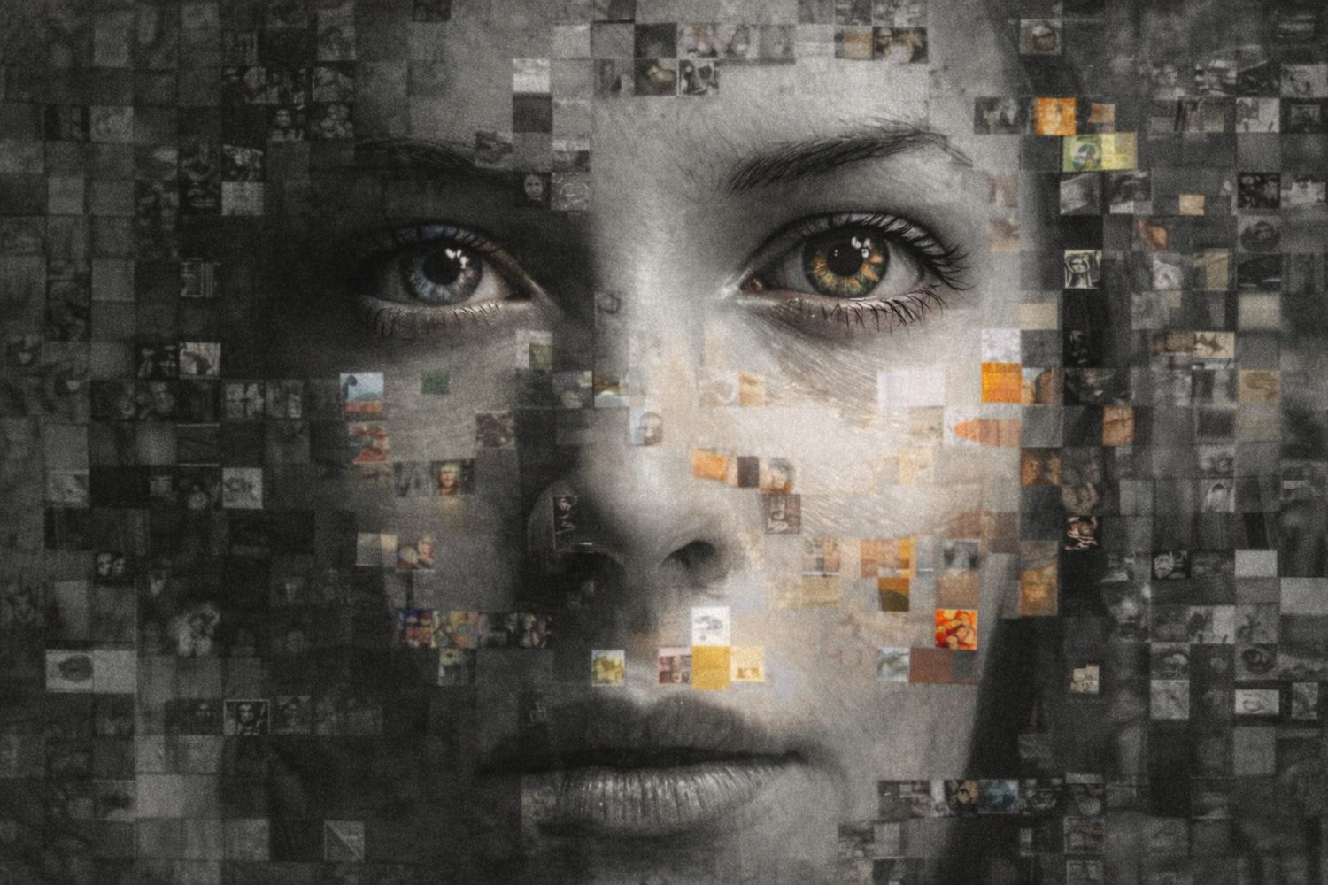 Mosaic-style portrait of a woman's face made of small image tiles