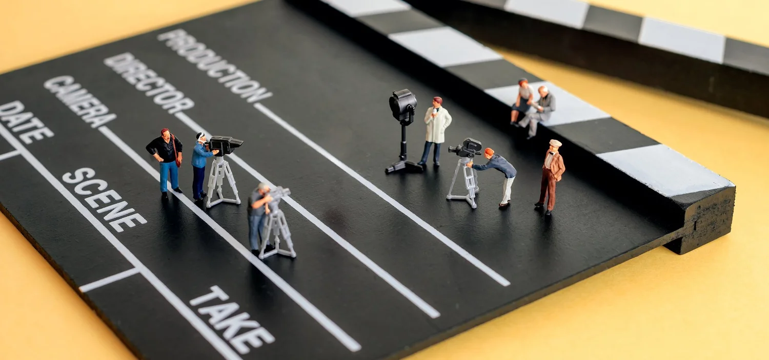 Eight human toy figures positioned on a clapper board that serves as the flooring for a movie scene