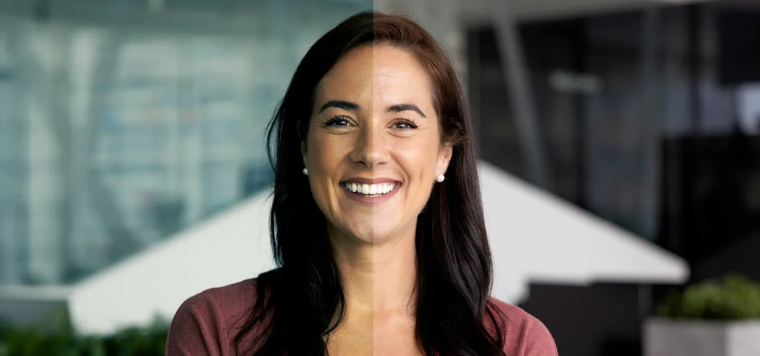 Before and after comparison showing the impact of professional colour grading on a corporate portrait of a smiling woman