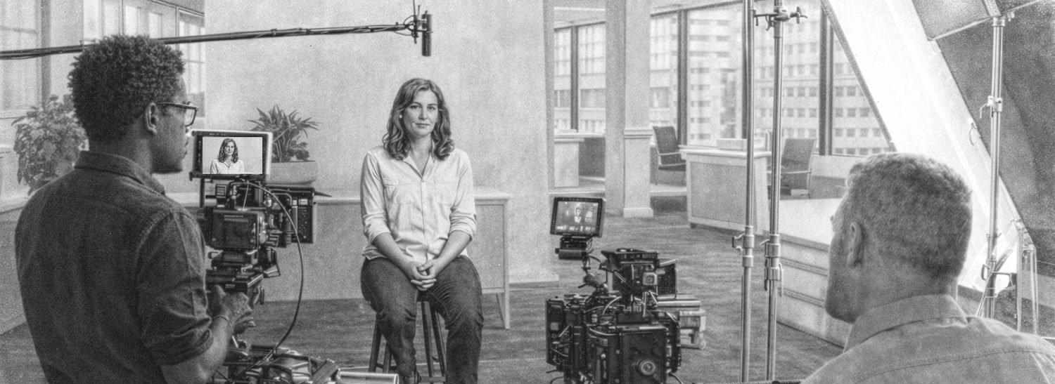 Behind-the-scenes corporate video interview with a female subject being filmed by a professional production crew