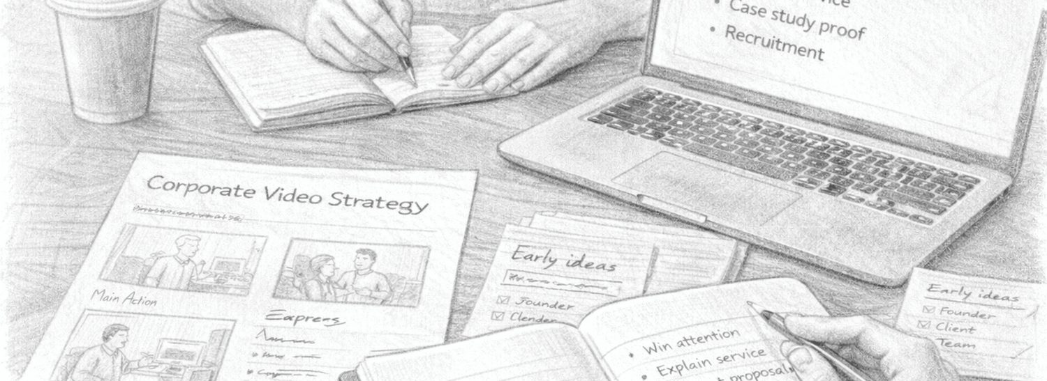 Planning notes, storyboard, and laptop used to shape a corporate video strategy decision