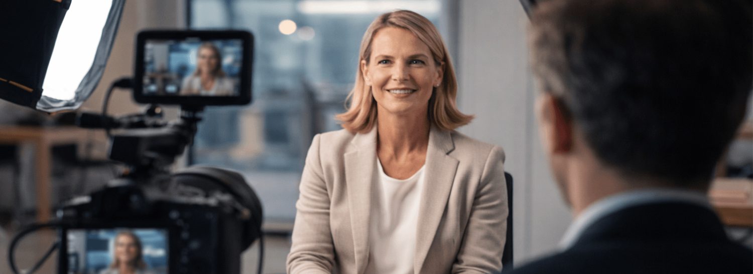 Woman in a blazer being interviewed on camera, with the interviewer in the foreground