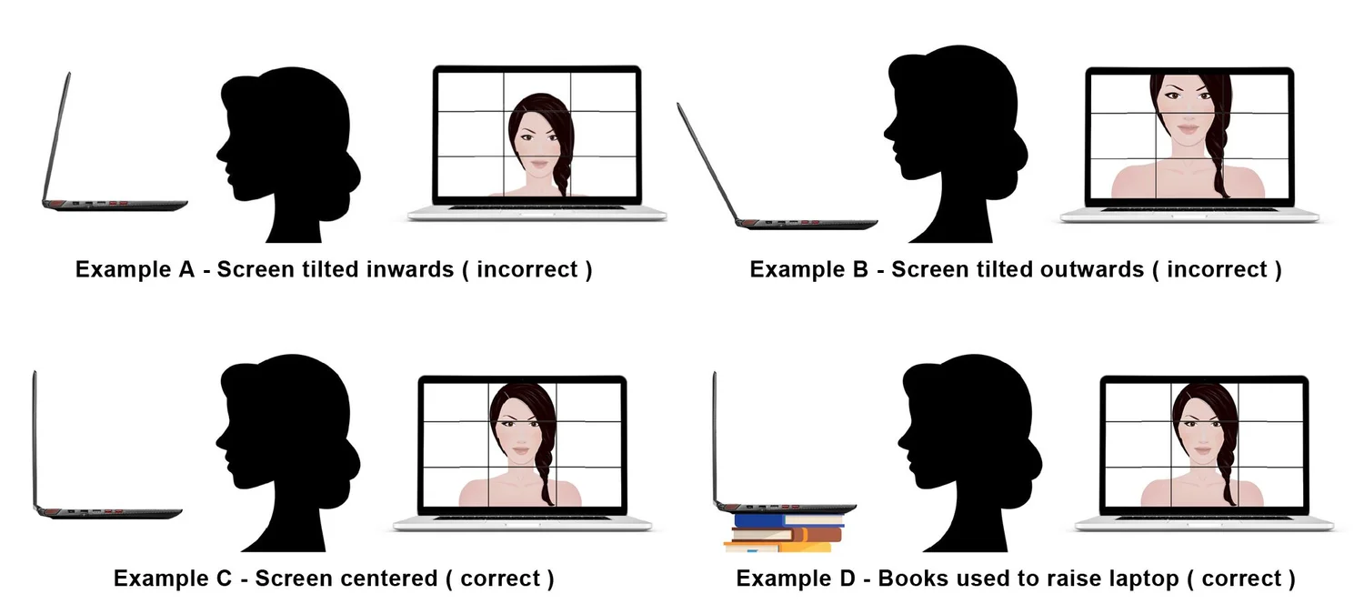 A set of images showing the right and wrong ways to frame oneself during a video call, guided by the rule of thirds.