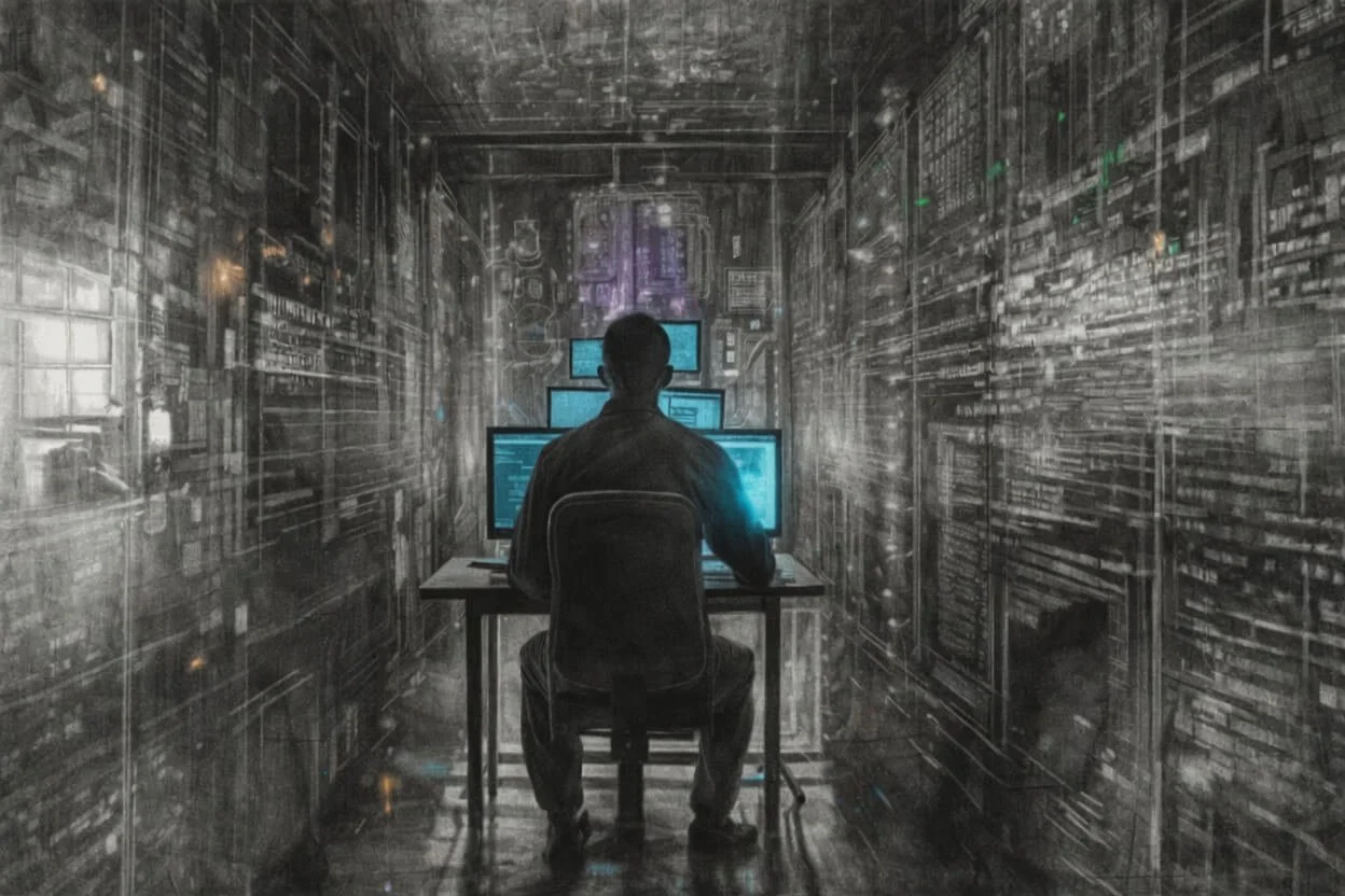 Pencil-effect drawing of a man at a computer in a corridor of data screens