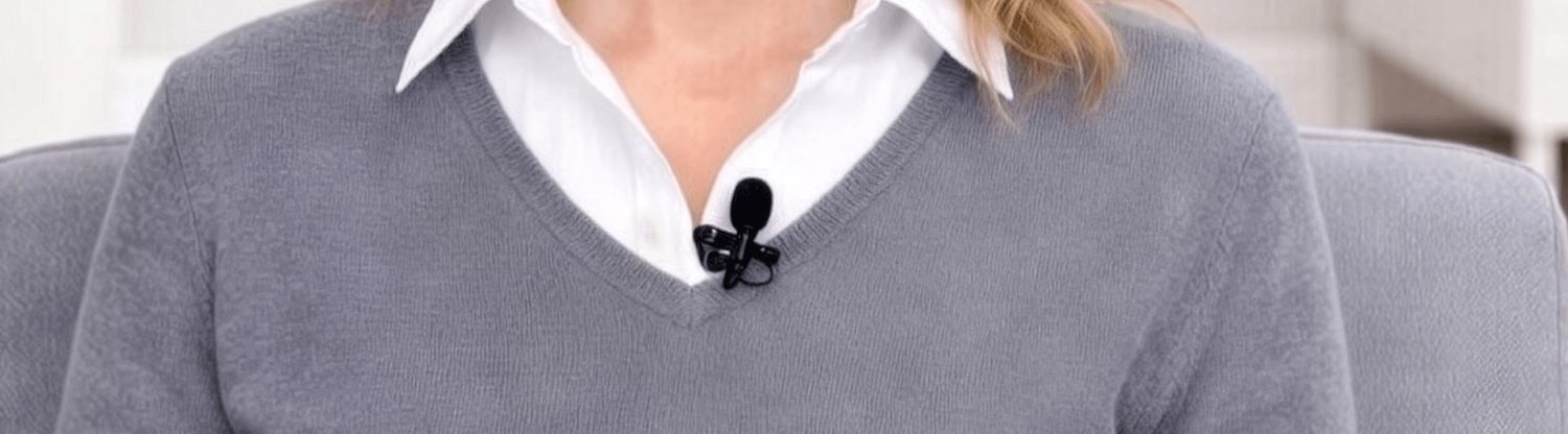 Close-up showing lapel microphone placement on a collared shirt under a sweater for a business video shoot
