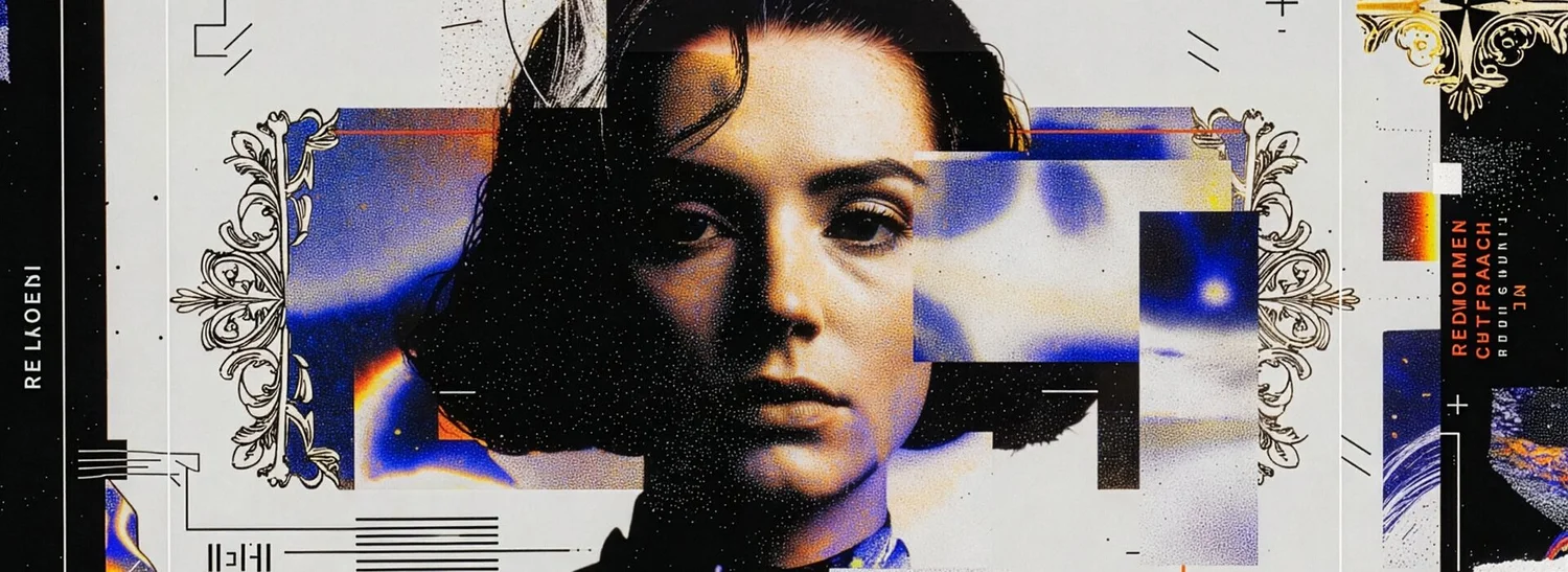 Over-stylised nostalgic brand-video visual with layered retro effects and graphic overlays competing with the subject