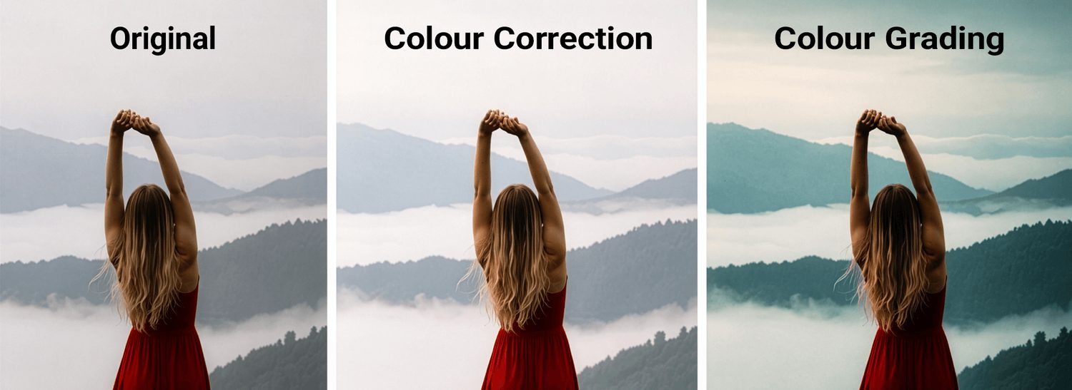 Side-by-side example showing original footage, colour-corrected footage, and colour-graded footage in a brand video workflow