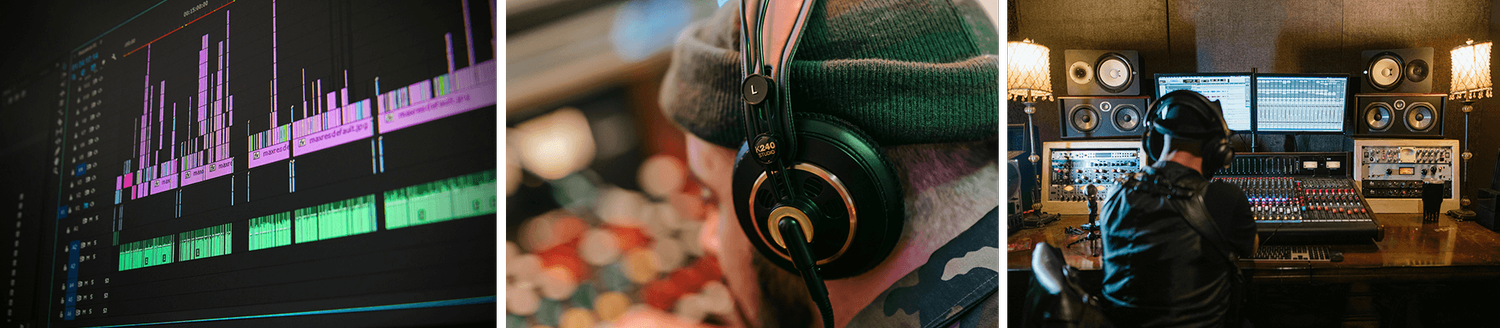 Three photos of the soundtrack process: waveform editing software, a person listening on headphones, and a studio mixing desk