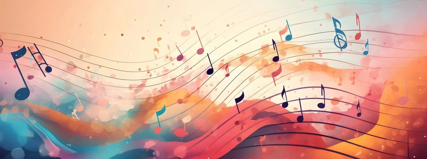 Abstract illustration of colourful musical notes flowing on wavy staff lines, evoking emotion and energy in video soundtracks