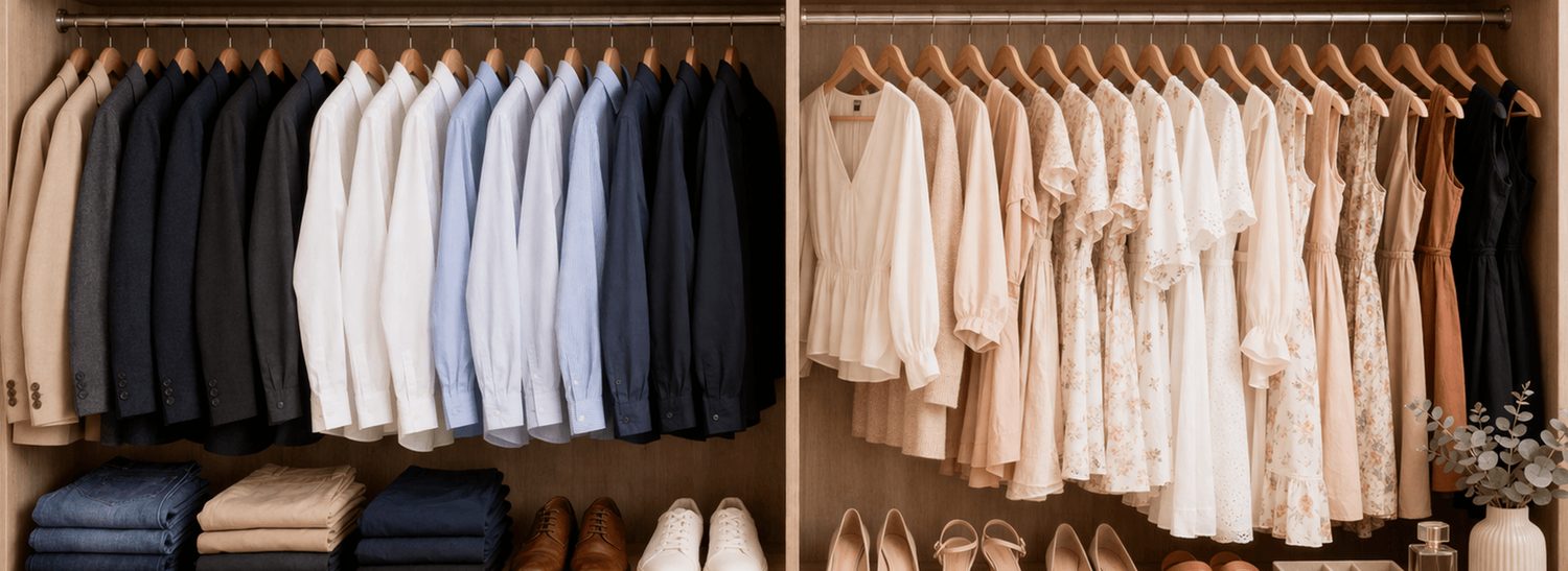 Organised wardrobe with business clothing for men and women, including shirts, blazers, shoes, and accessories prepared for on-camera outfit selection