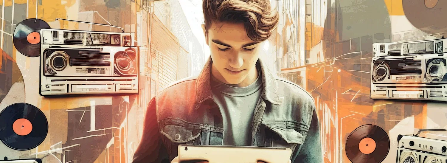 Illustration of a young person on a tablet, surrounded by retro music and boombox graphics